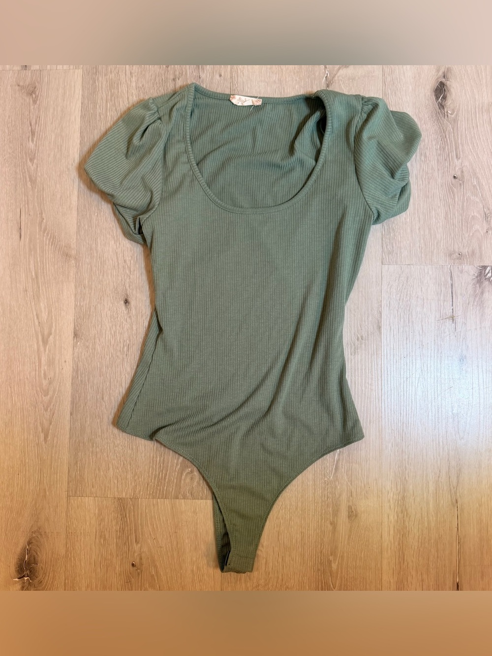Altar'd State Ribbed Scoop Neck Puff Sleeve Bodysuit - Sage Green Medium New